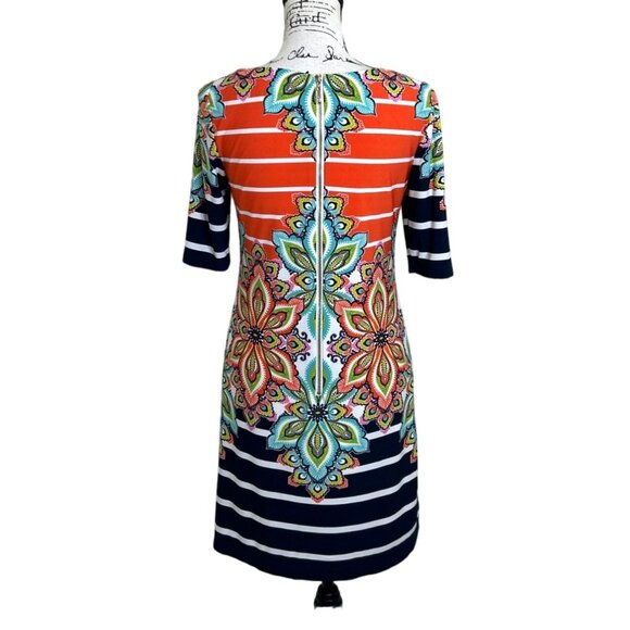 ELIZA J Womens Dress Colorful Print Shift Blue Orange White Jersey Stretch Sz 4 - Picture 3 of 7